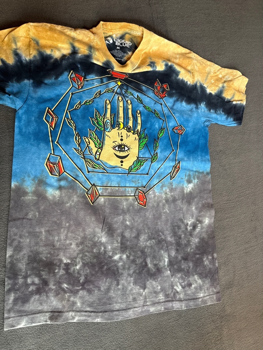 Liquid Blue Size Medium Tie-Dye Graphic T-Shirt with Hand and Eye Design